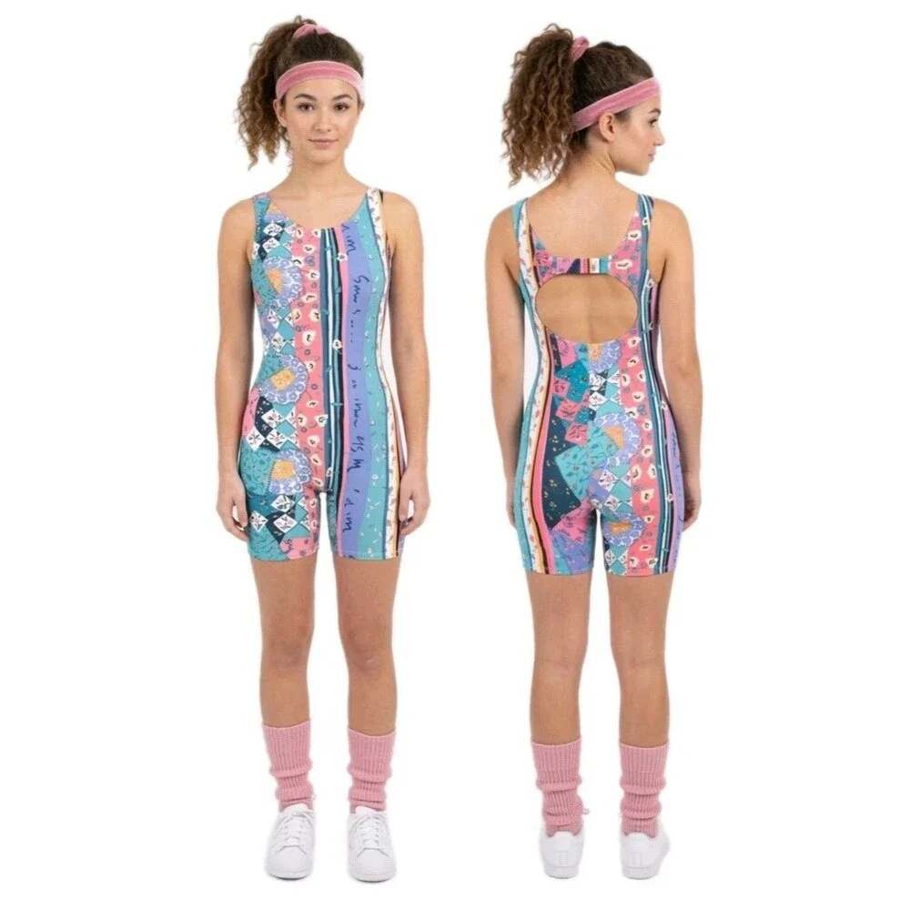 Gilda Marx Kid VTG 80s Pastel Patchwork Cotton Biketard Unitard Open Back Size L